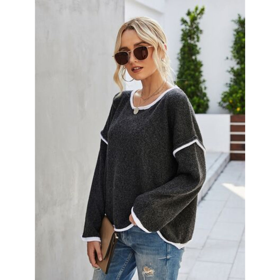 Boat Neck Dropped Shoulder Sweater Black / S Apparel and Accessories
