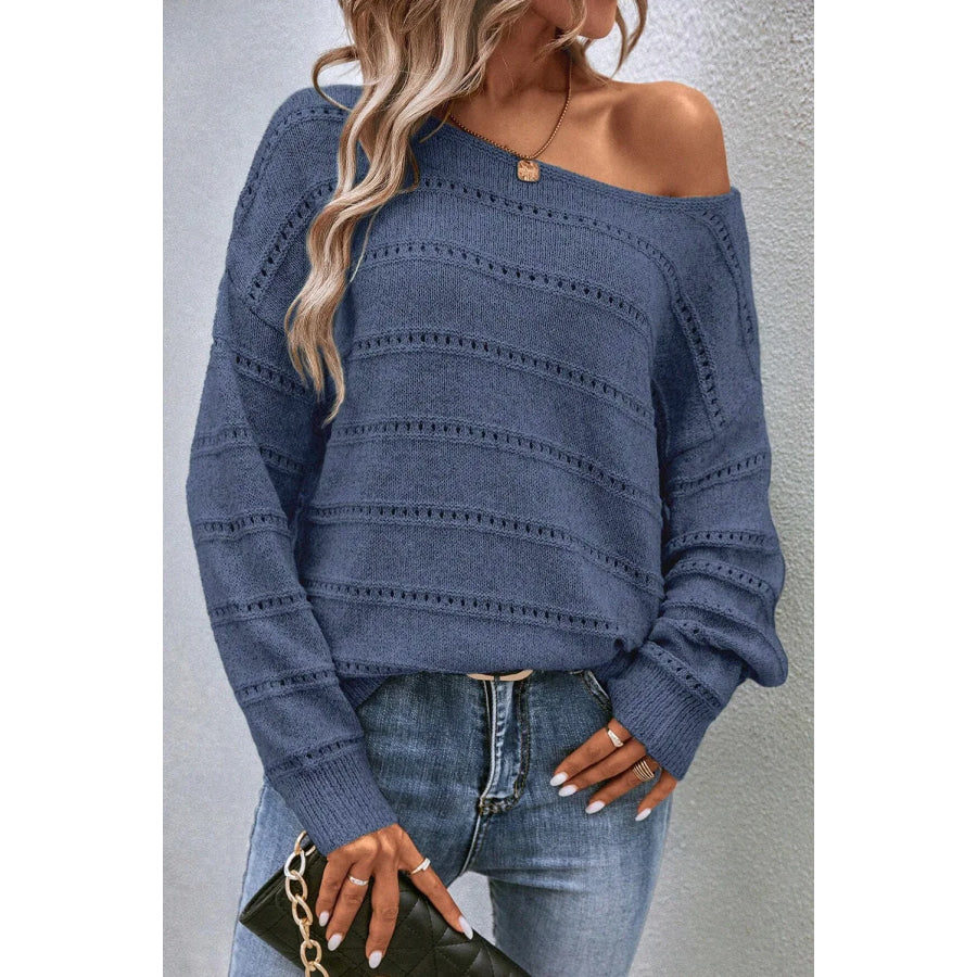 Boat Neck Dropped Shoulder Sweater French Blue / S Apparel and Accessories