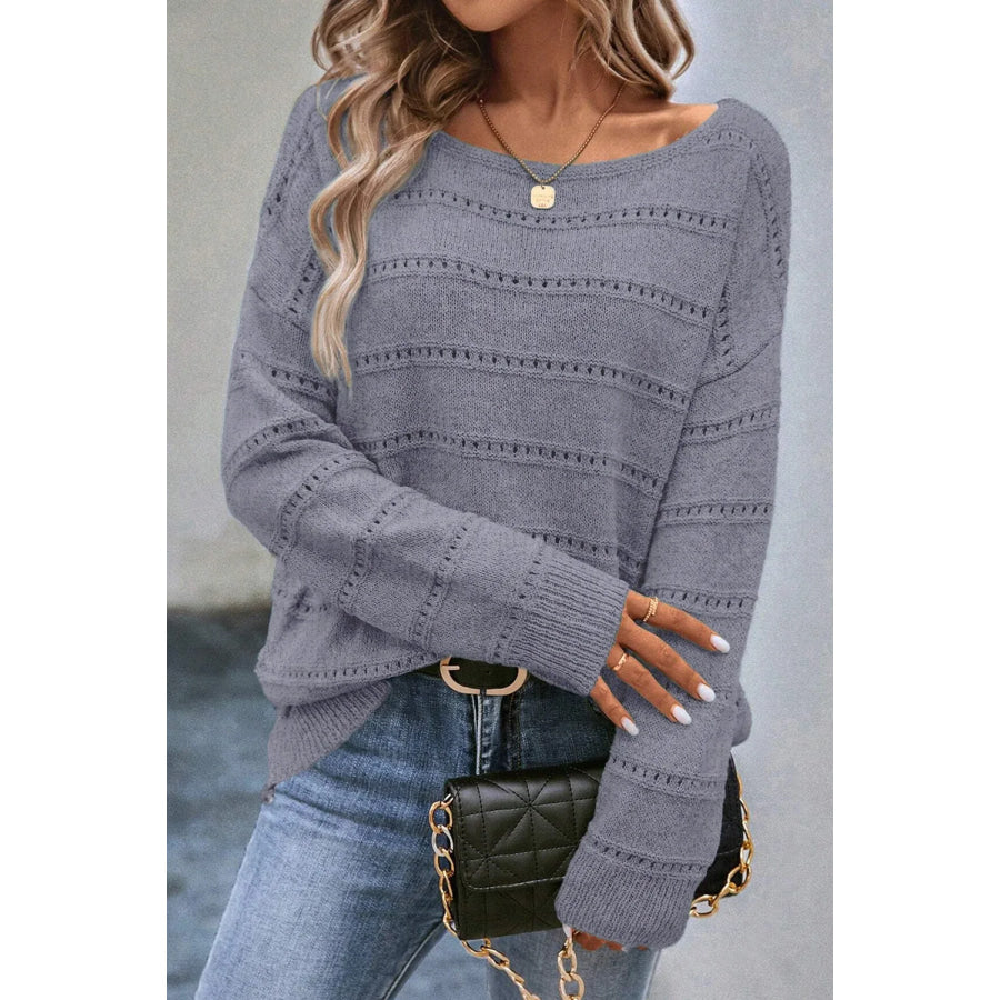 Boat Neck Dropped Shoulder Sweater Gray / S Apparel and Accessories