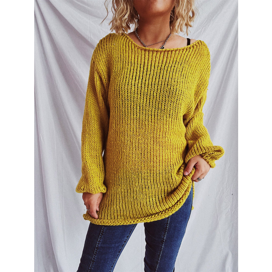 Boat Neck Dropped Shoulder Sweater Mustard / One Size Apparel and Accessories