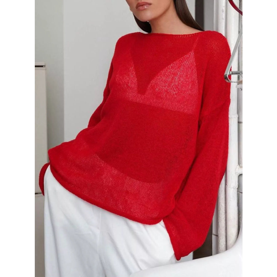 Boat Neck Dropped Shoulder Sweater Red / S Apparel and Accessories