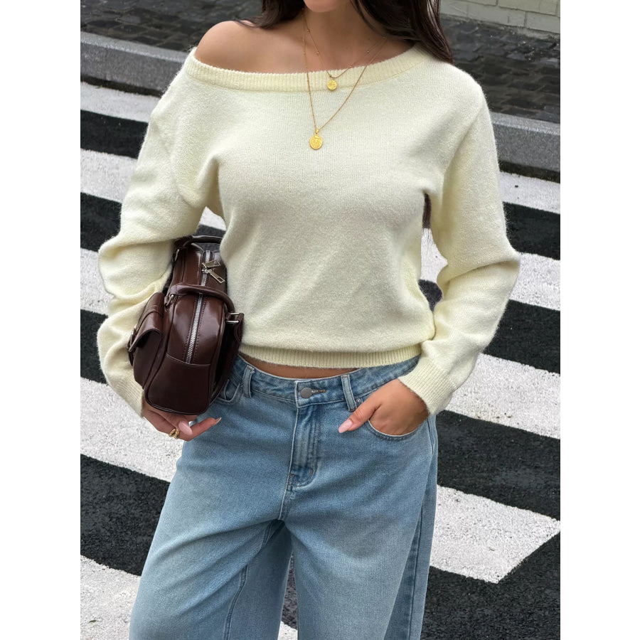 Boat Neck Dropped Shoulder Sweater Yellow / S Apparel and Accessories