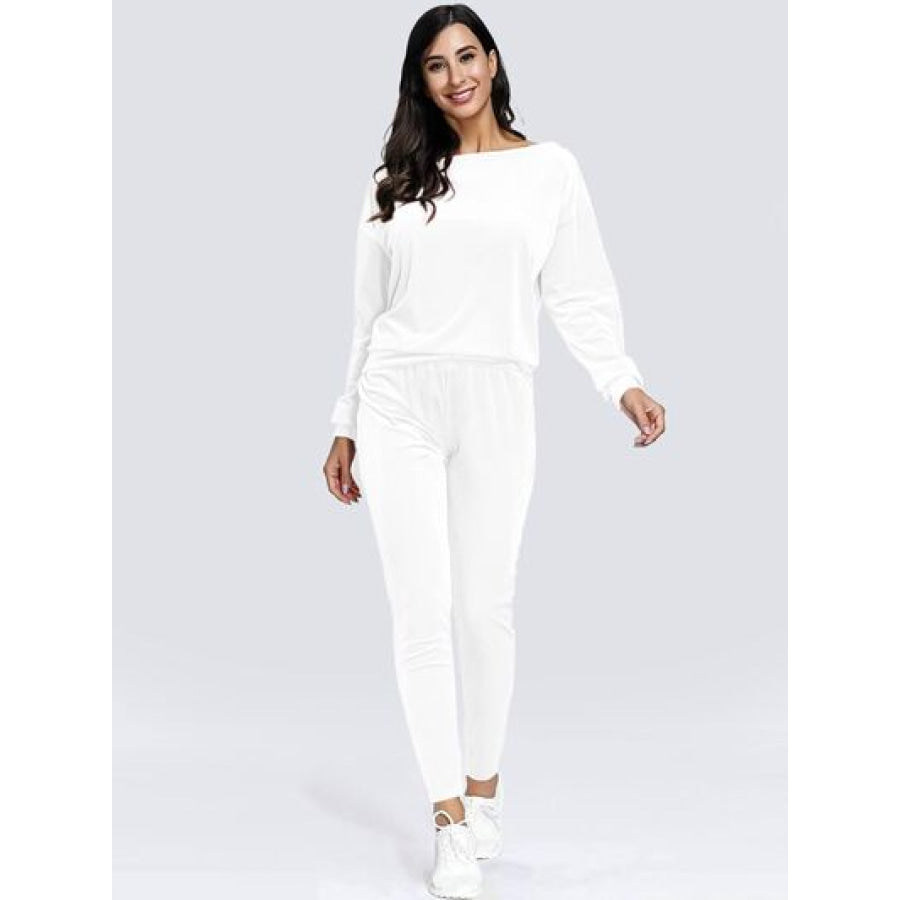 Boat Neck Dropped Shoulder Top and Pants Set White / S Apparel Accessories