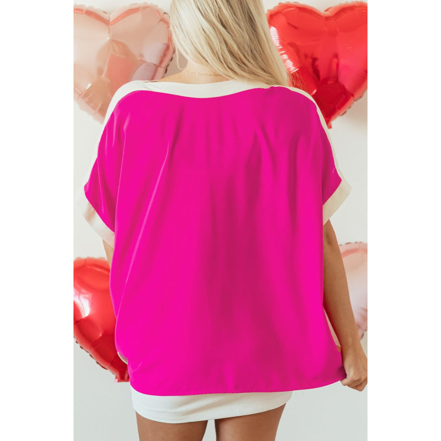 Boat Neck Half Sleeve Blouse Hot Pink / S Apparel and Accessories