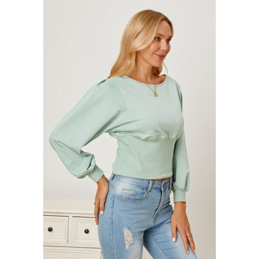 Boat Neck Lantern Sleeve Blouse Sage / S Clothing