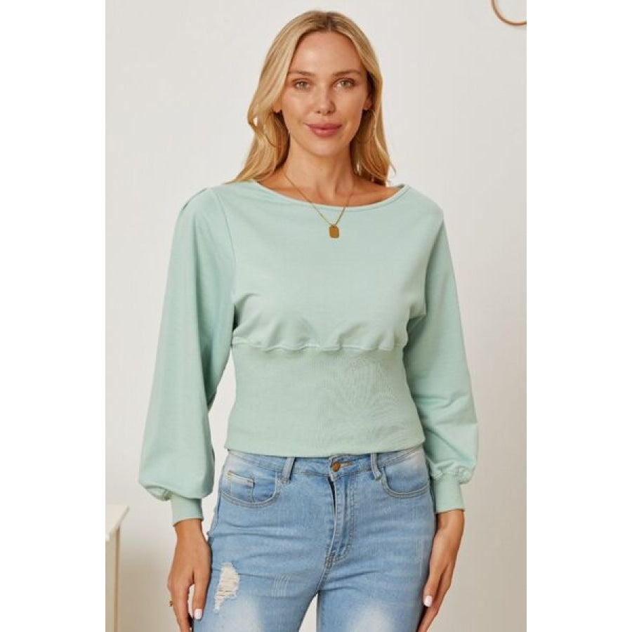 Boat Neck Lantern Sleeve Blouse Sage / S Clothing