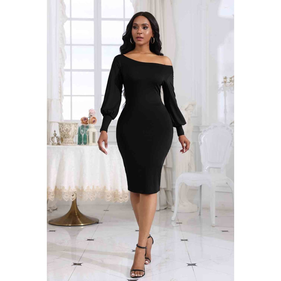 Boat Neck Lantern Sleeve Dress Black / S