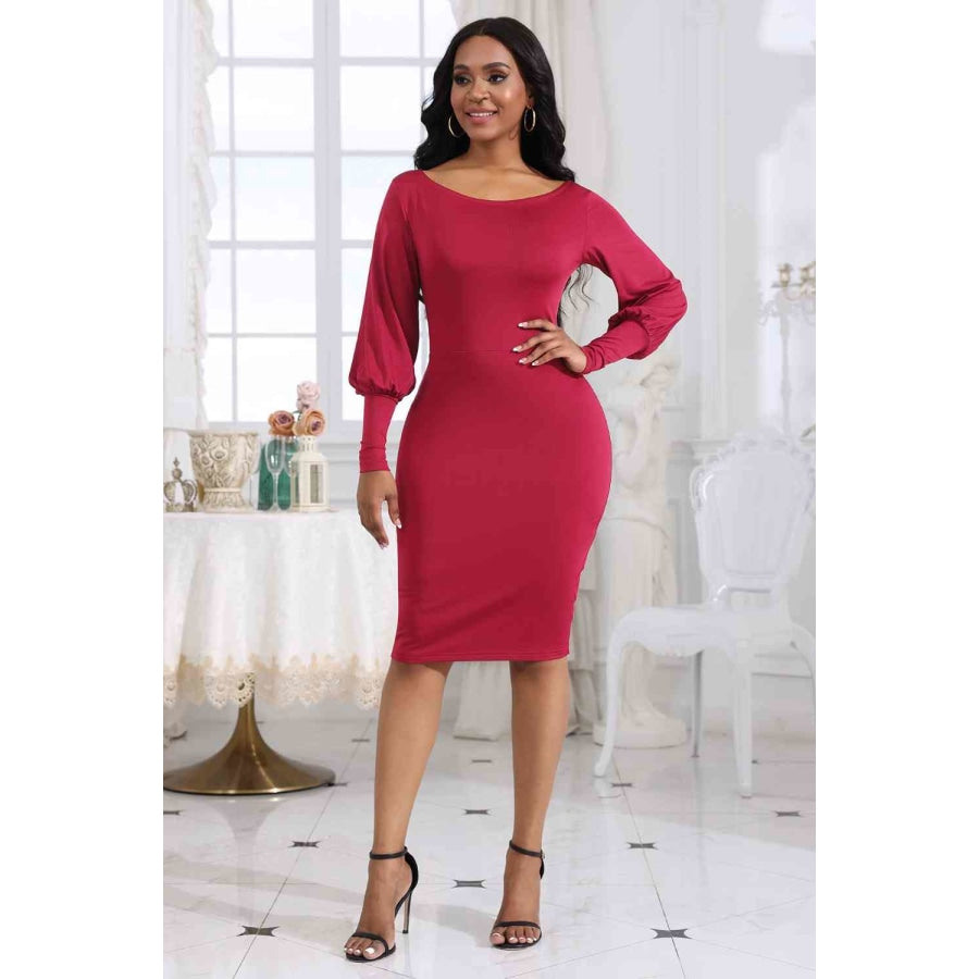 Boat Neck Lantern Sleeve Dress Deep Rose / S