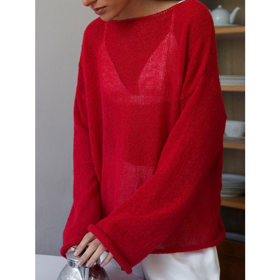 Boat Neck Long Sleeve Knit Cover Up Apparel and Accessories