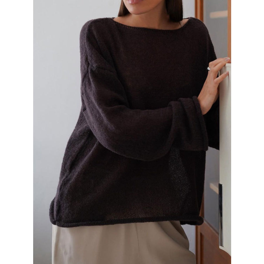 Boat Neck Long Sleeve Knit Cover Up Chocolate / S Apparel and Accessories