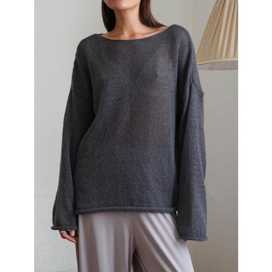 Boat Neck Long Sleeve Knit Cover Up Dark Gray / S Apparel and Accessories