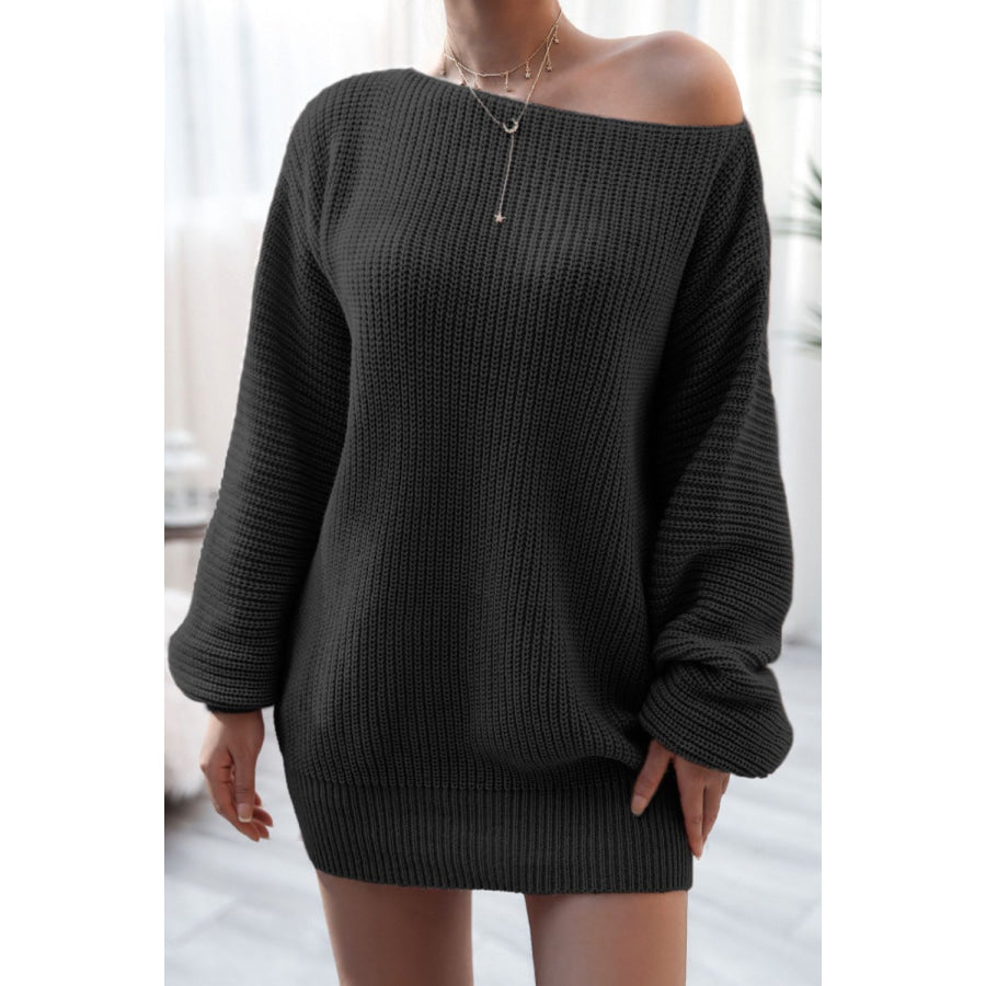 Boat Neck Long Sleeve Mini Sweater Dress Apparel and Accessories