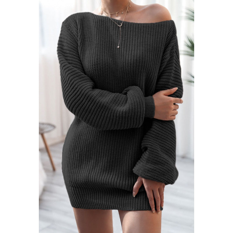 Boat Neck Long Sleeve Mini Sweater Dress Apparel and Accessories