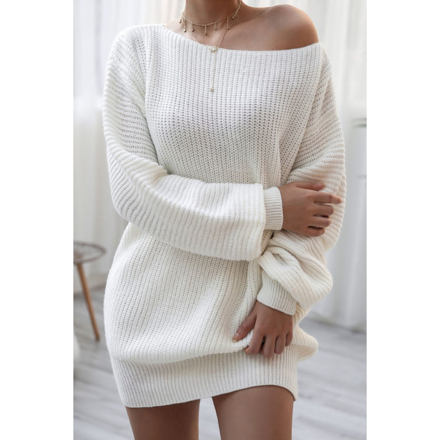 Boat Neck Long Sleeve Mini Sweater Dress White / S Apparel and Accessories