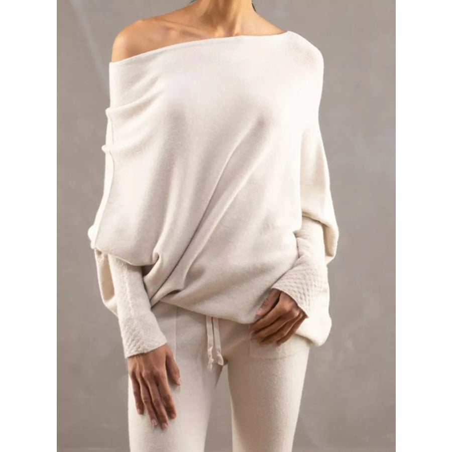 Boat Neck Long Sleeve Sweater Apricot / One Size Apparel and Accessories