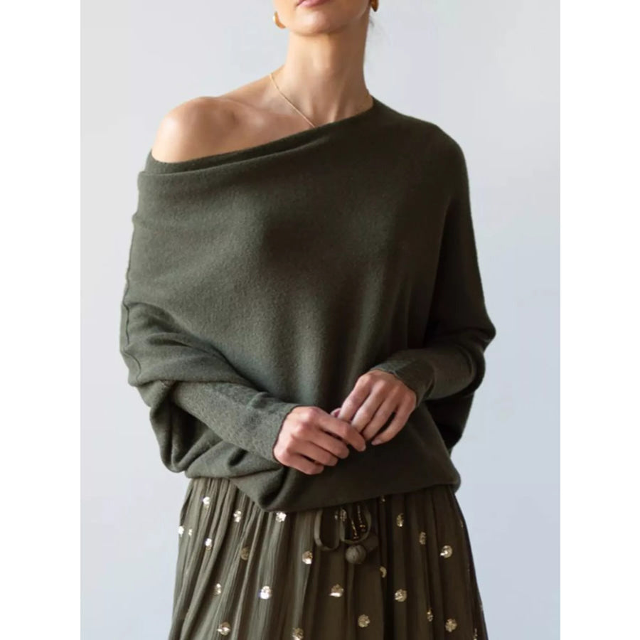 Boat Neck Long Sleeve Sweater Army Green / One Size Apparel and Accessories