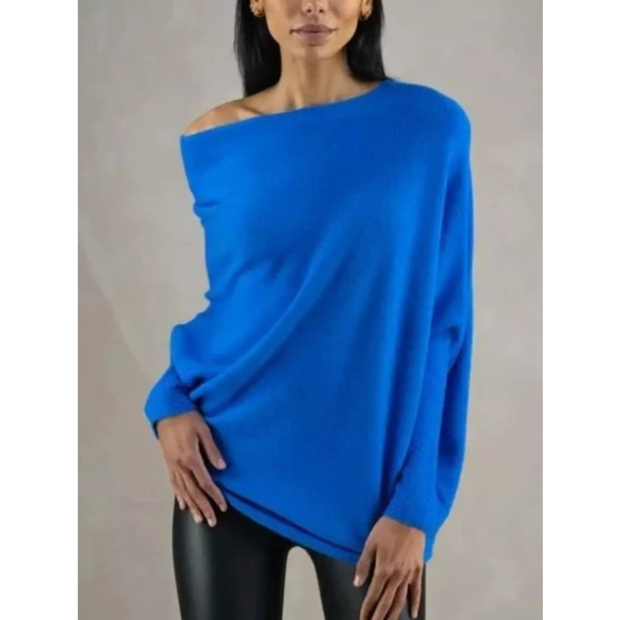 Boat Neck Long Sleeve Sweater Blue / One Size Apparel and Accessories