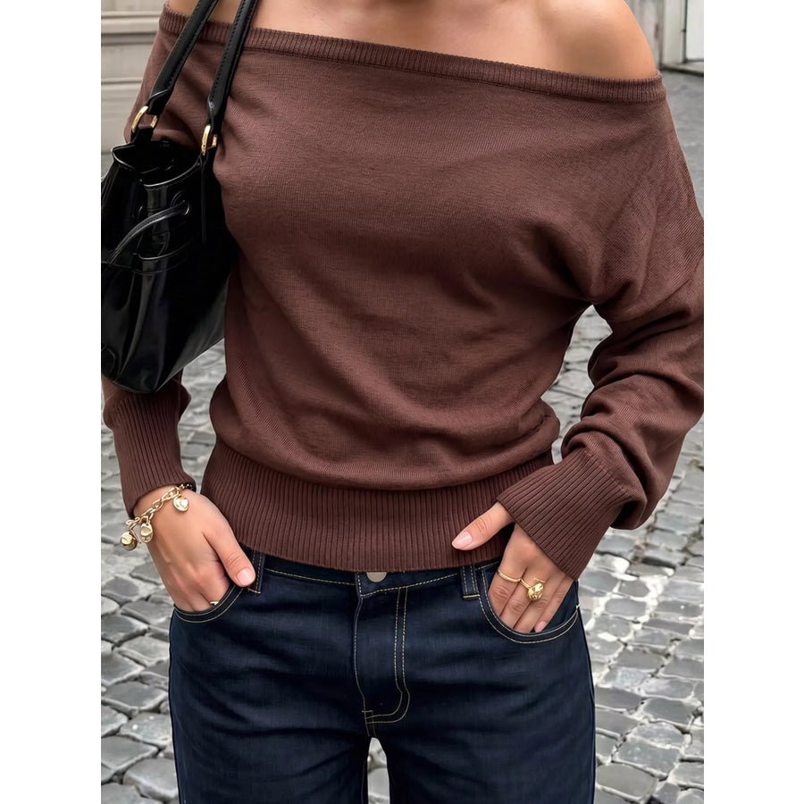 Boat Neck Long Sleeve Sweater Brown / S Apparel and Accessories