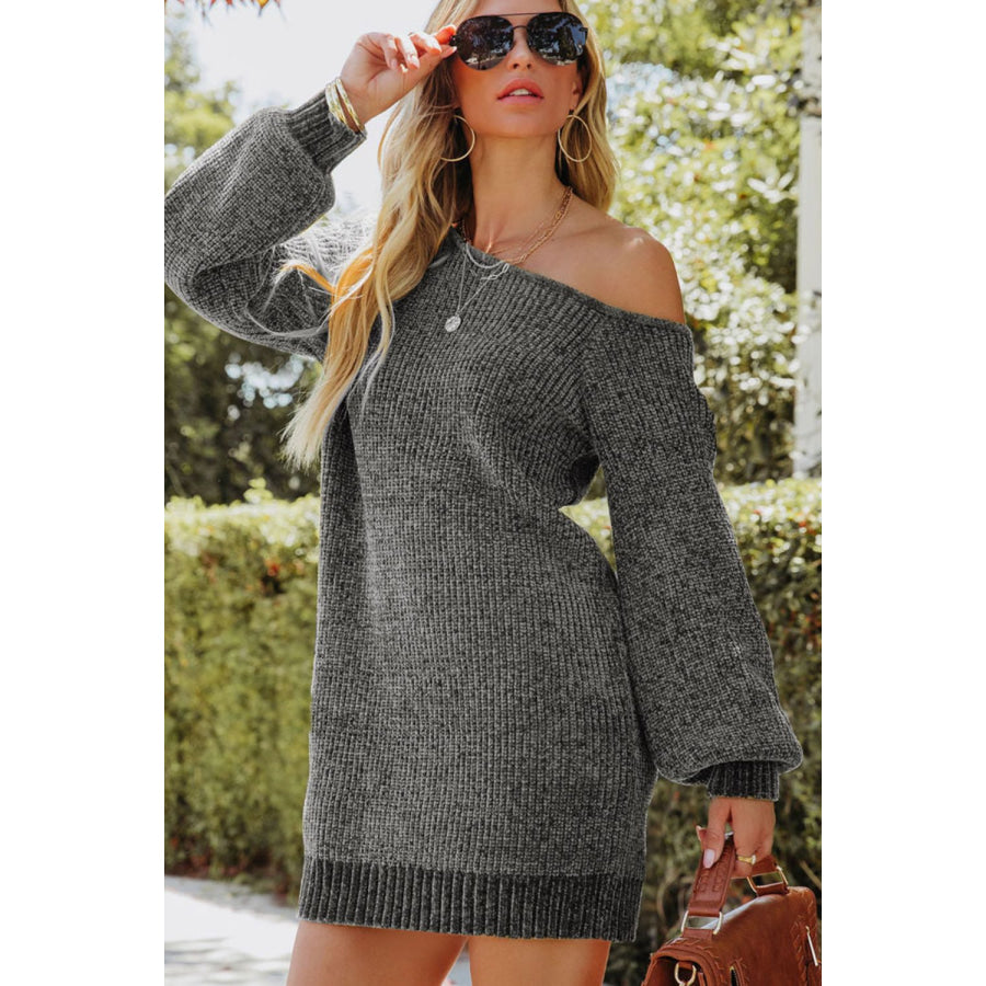 Boat Neck Long Sleeve Sweater Dress Dark Gray / S Apparel and Accessories