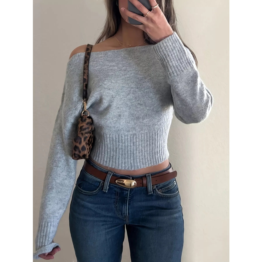 Boat Neck Long Sleeve Sweater Gray / S Apparel and Accessories