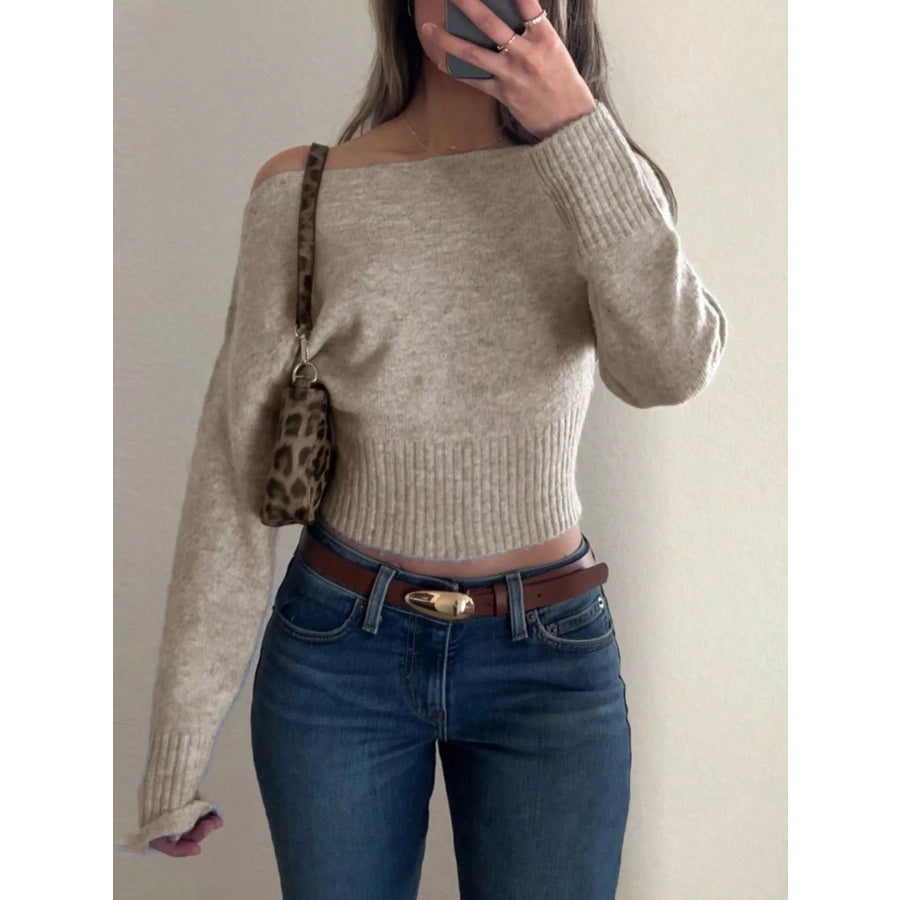 Boat Neck Long Sleeve Sweater Khaki / S Apparel and Accessories