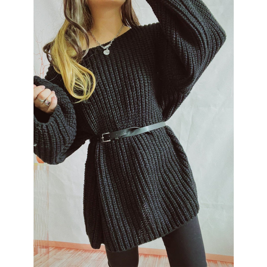 Boat Neck Long Sleeve Sweater with Belt Apparel and Accessories