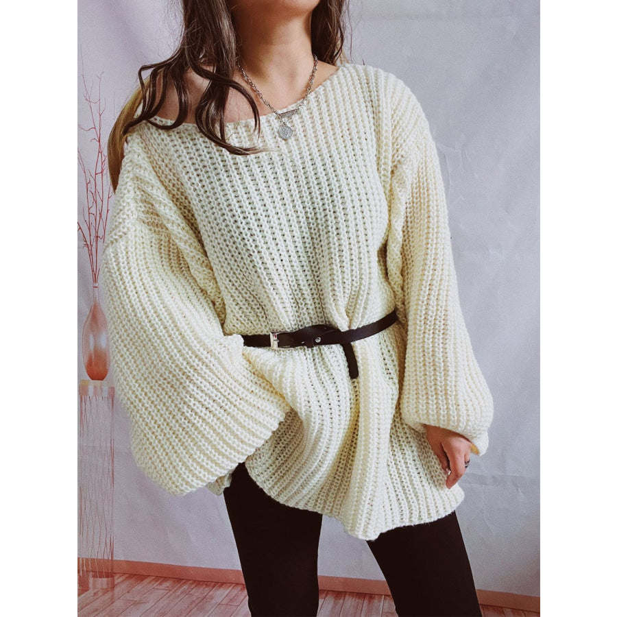 Boat Neck Long Sleeve Sweater with Belt Apparel and Accessories