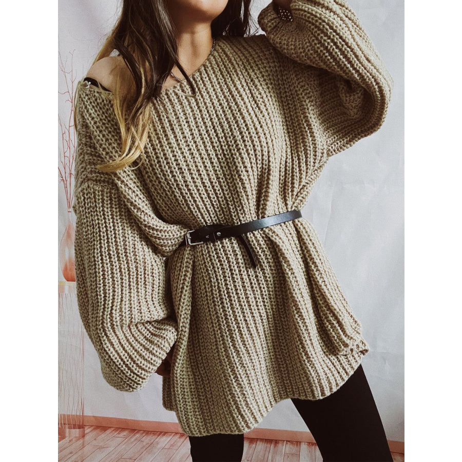 Boat Neck Long Sleeve Sweater with Belt Apparel and Accessories