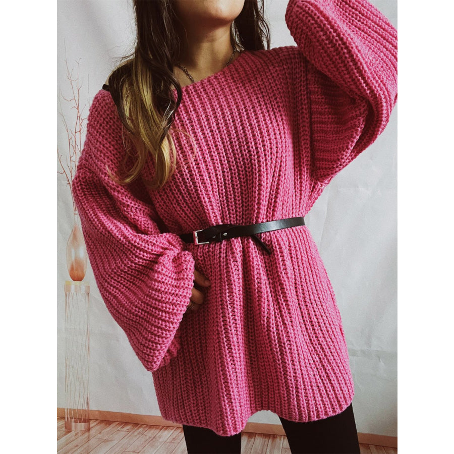 Boat Neck Long Sleeve Sweater with Belt Apparel and Accessories