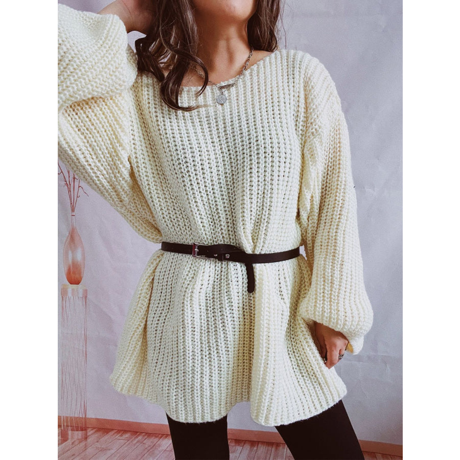 Boat Neck Long Sleeve Sweater with Belt Apparel and Accessories