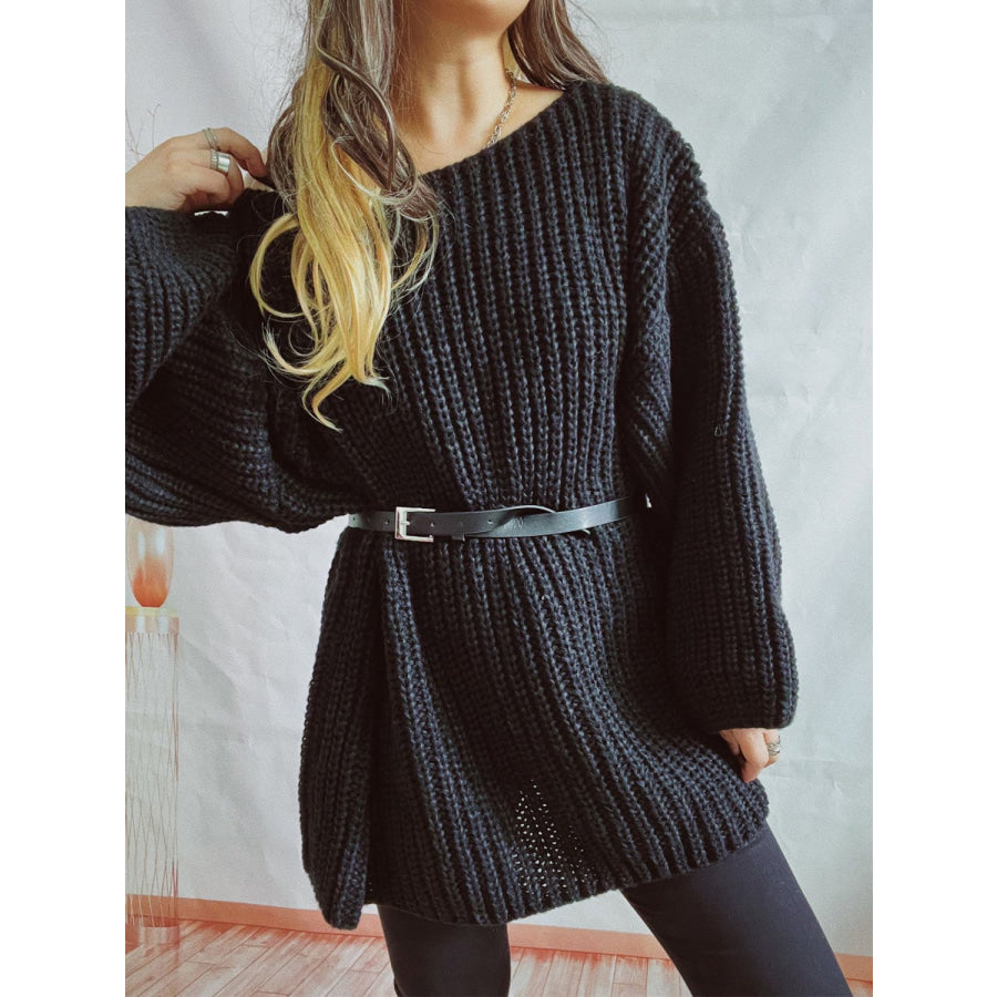 Boat Neck Long Sleeve Sweater with Belt Apparel and Accessories