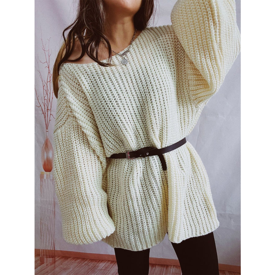 Boat Neck Long Sleeve Sweater with Belt Beige / One Size Apparel and Accessories