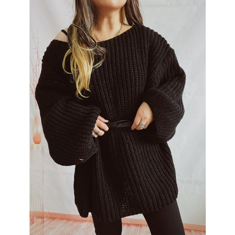 Boat Neck Long Sleeve Sweater with Belt Black / One Size Apparel and Accessories