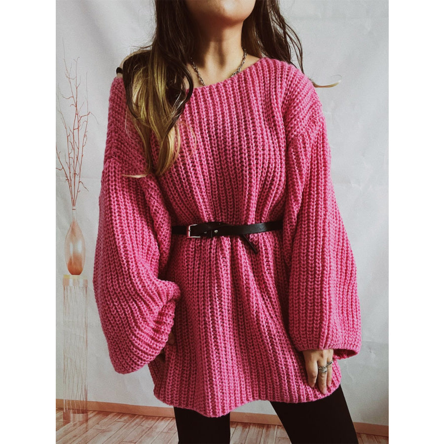 Boat Neck Long Sleeve Sweater with Belt Hot Pink / One Size Apparel and Accessories