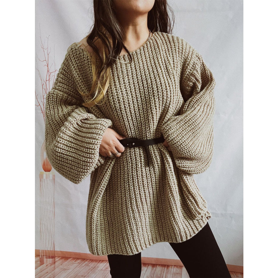 Boat Neck Long Sleeve Sweater with Belt Khaki / One Size Apparel and Accessories