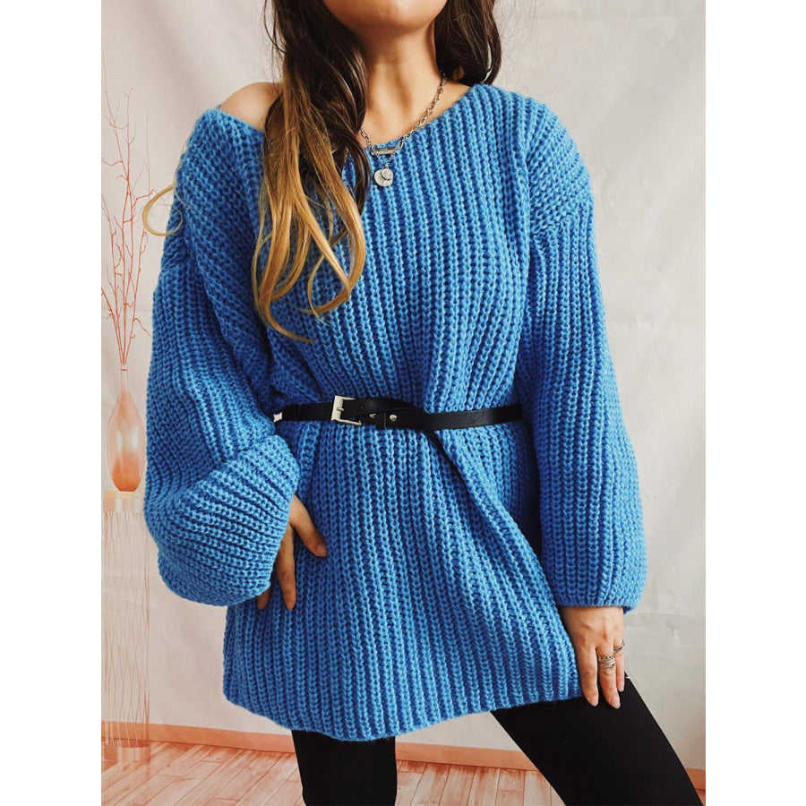 Boat Neck Long Sleeve Sweater with Belt Sky Blue / One Size Apparel and Accessories