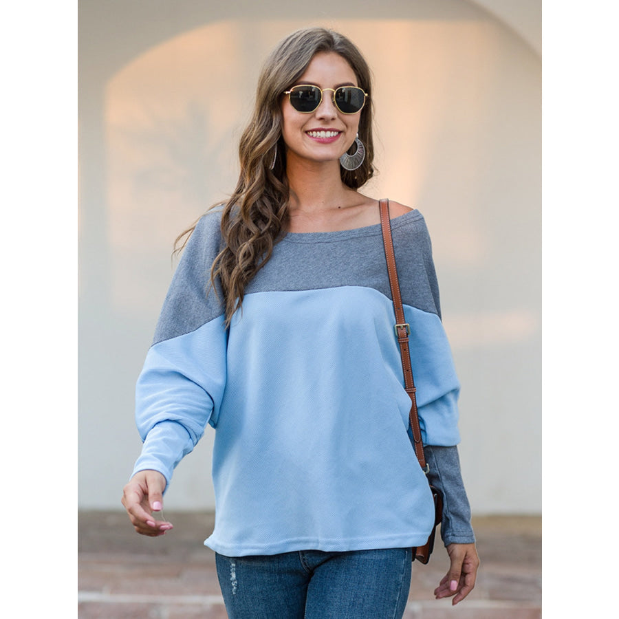 Boat Neck Long Sleeve Sweatshirt Pastel Blue / S Apparel and Accessories