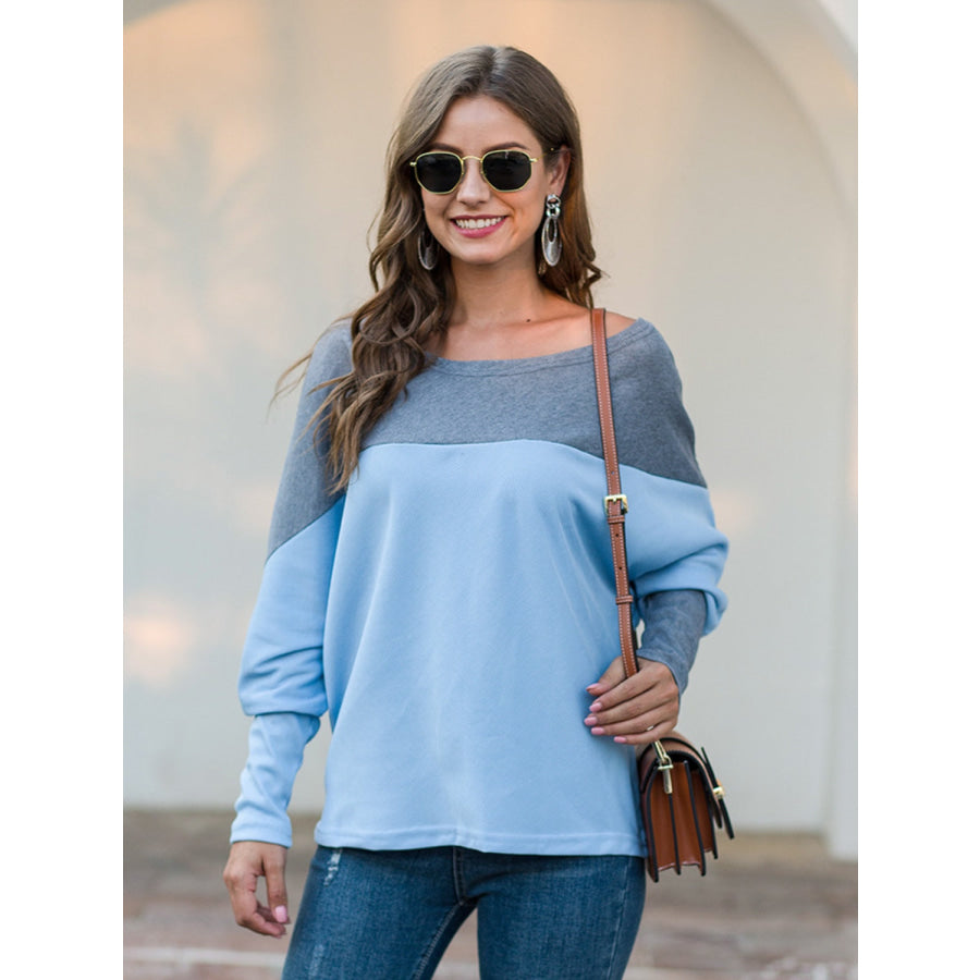 Boat Neck Long Sleeve Sweatshirt Pastel Blue / S Apparel and Accessories