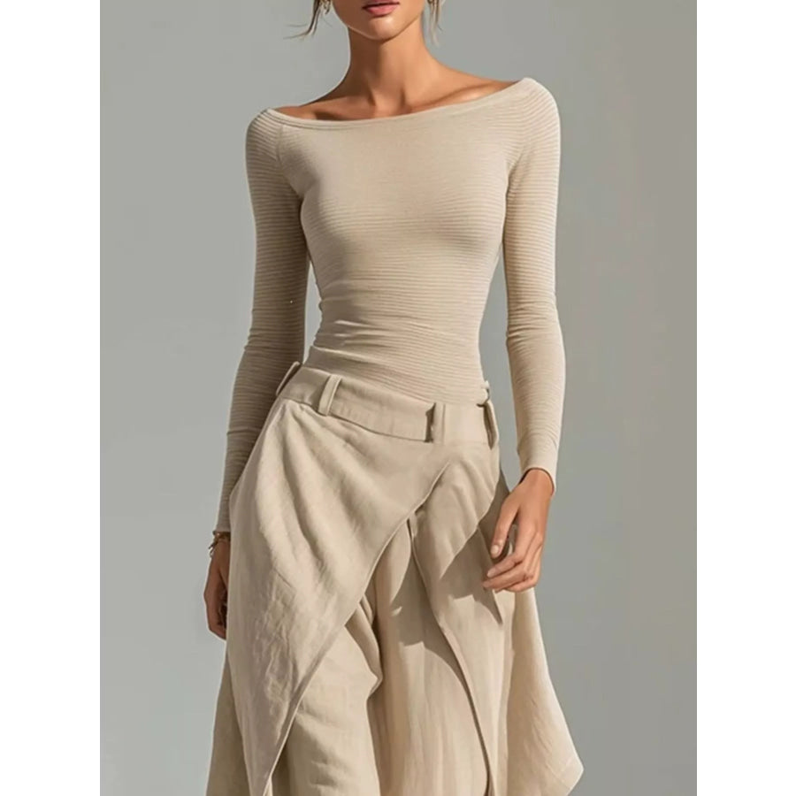 Boat Neck Long Sleeve Top and Asymmetrical Pants Set Apparel and Accessories