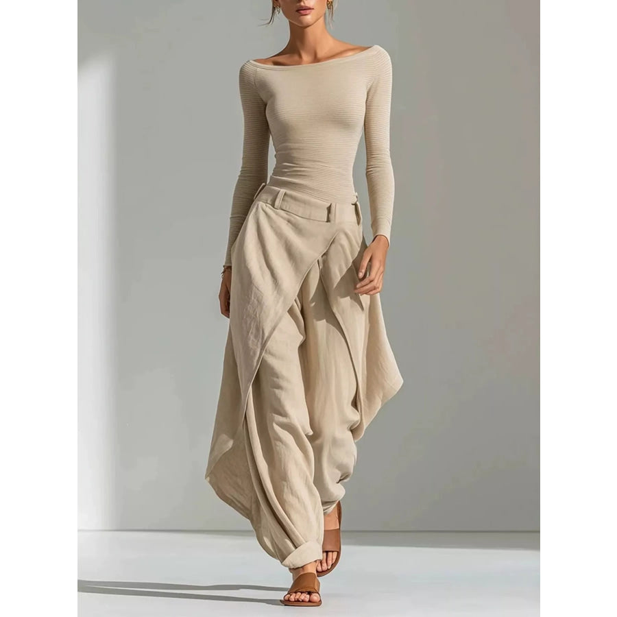Boat Neck Long Sleeve Top and Asymmetrical Pants Set Apricot / S Apparel and Accessories