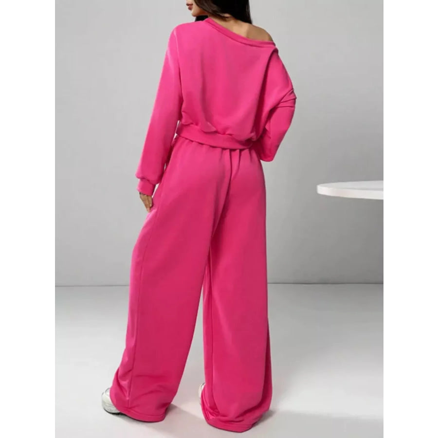 Boat Neck Long Sleeve Top and Pants Set Apparel and Accessories