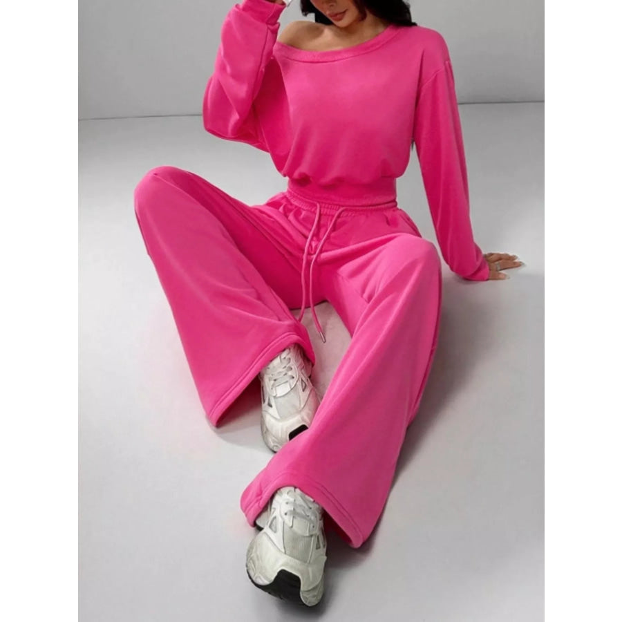 Boat Neck Long Sleeve Top and Pants Set Apparel and Accessories