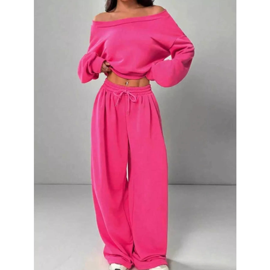 Boat Neck Long Sleeve Top and Pants Set Apparel and Accessories