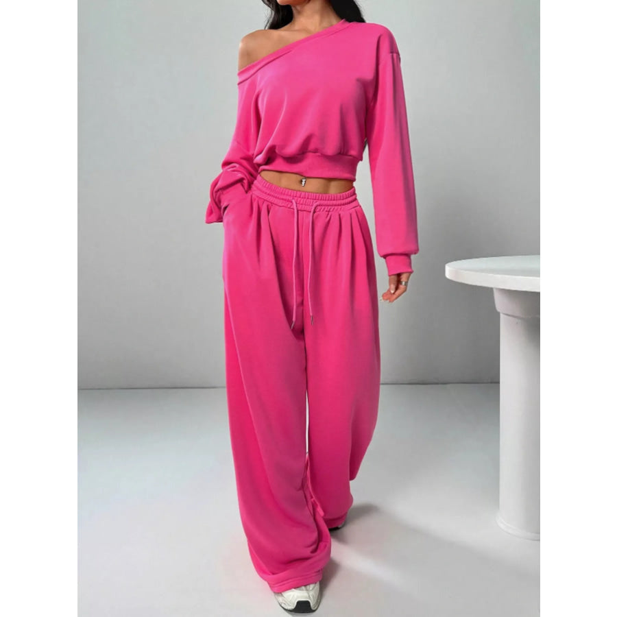 Boat Neck Long Sleeve Top and Pants Set Rose Red / S Apparel and Accessories