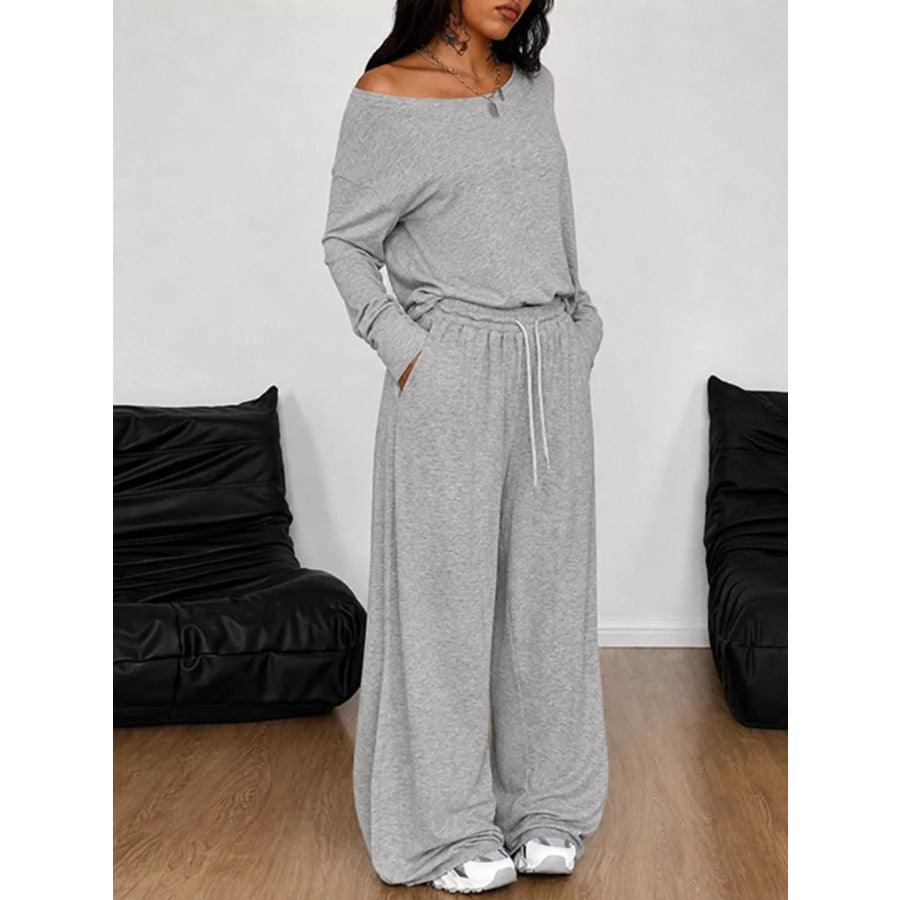 Boat Neck Long Sleeve Top and Wide-Leg Pants Set Apparel and Accessories