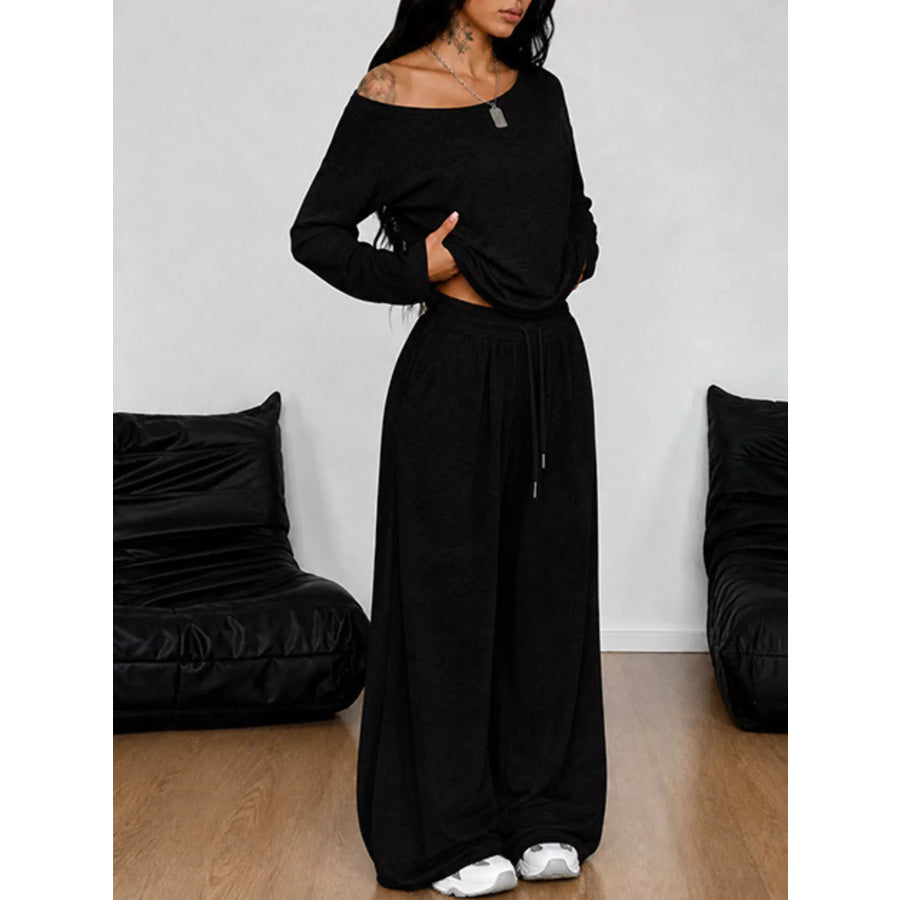 Boat Neck Long Sleeve Top and Wide-Leg Pants Set Apparel and Accessories