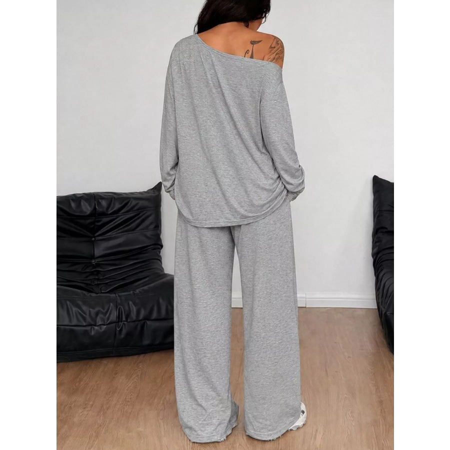 Boat Neck Long Sleeve Top and Wide-Leg Pants Set Apparel and Accessories