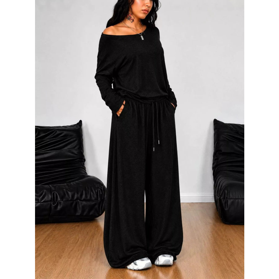 Boat Neck Long Sleeve Top and Wide-Leg Pants Set Black / S Apparel and Accessories