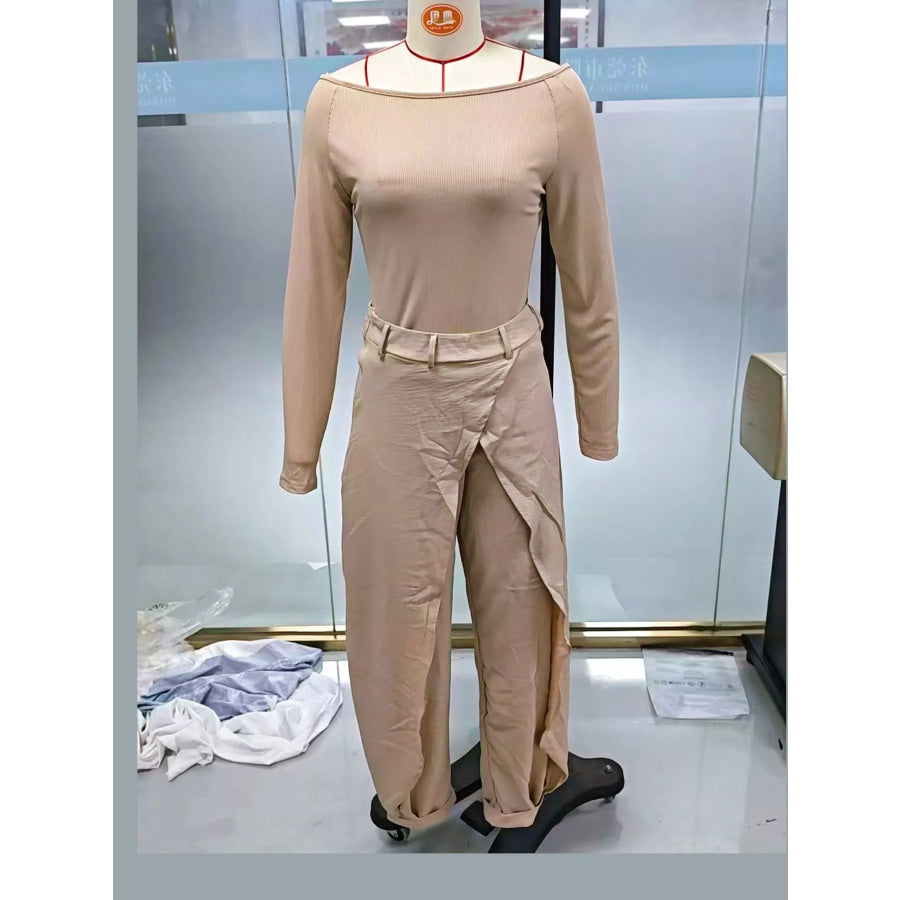 Boat Neck Long-Sleeve Top and Wrap Wide-Leg Pant Set Apparel Accessories