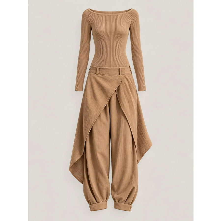 Boat Neck Long-Sleeve Top and Wrap Wide-Leg Pant Set Apparel Accessories